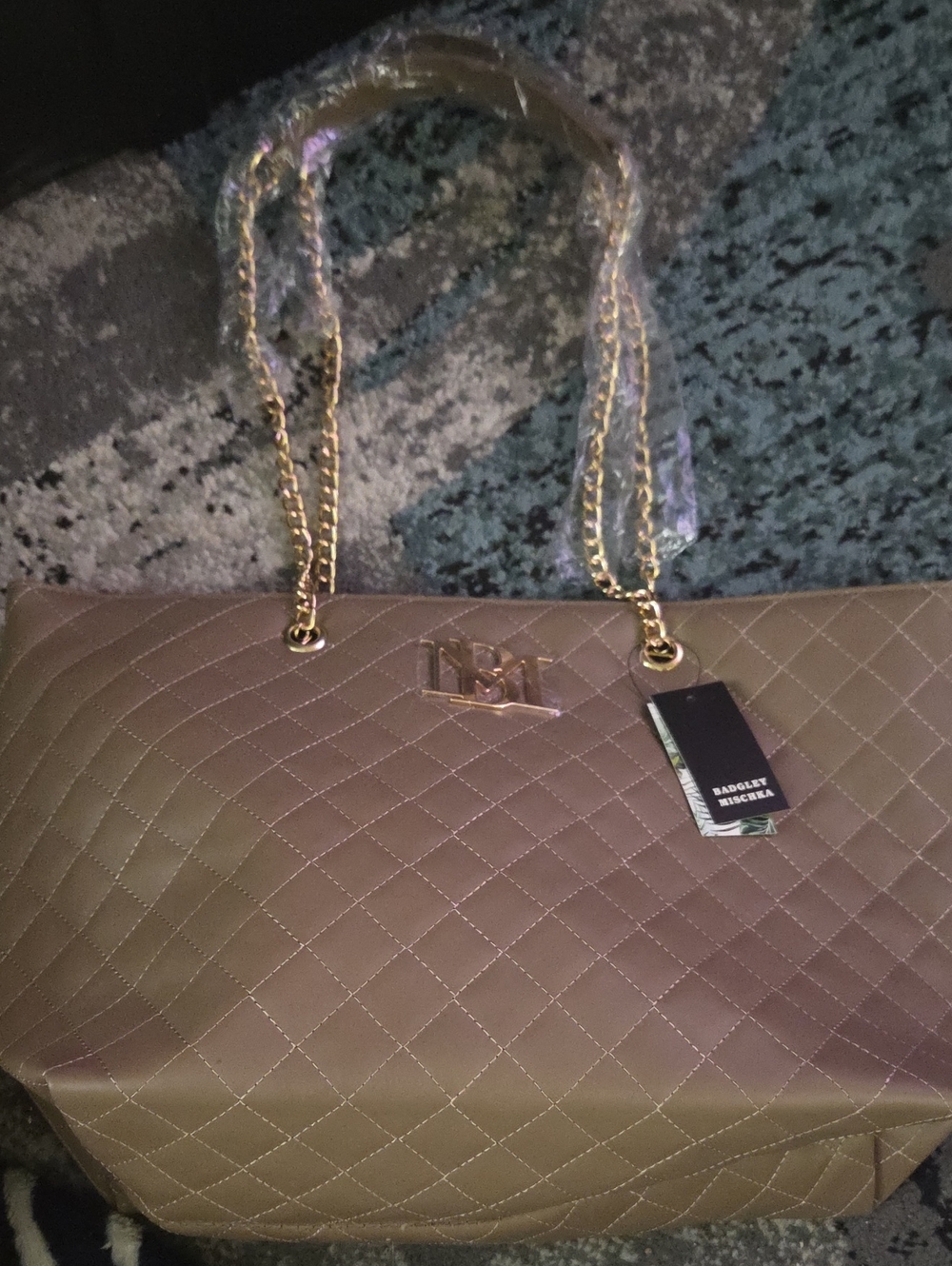 Badgley Mischka Quilted Tote in Taupe with Gold Chains